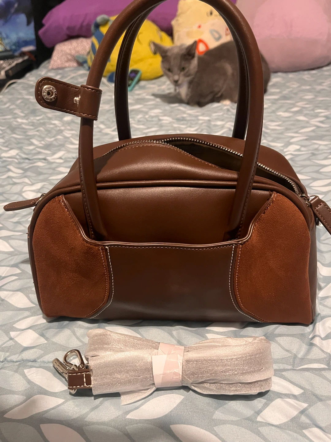 Brown Faux Leather and Suede Satchel Handbag - photo 3