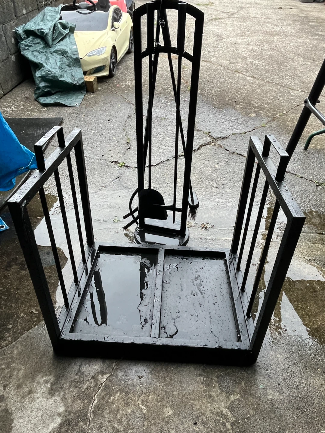 Black Metal Log Holder with Fireplace Tool Set
