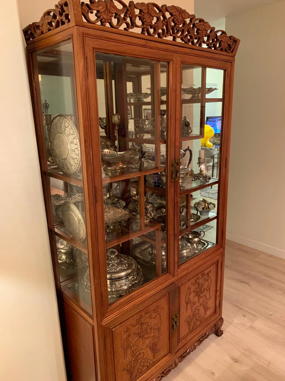Antique Carved Red Rose Wooden Curio Display Cabinet