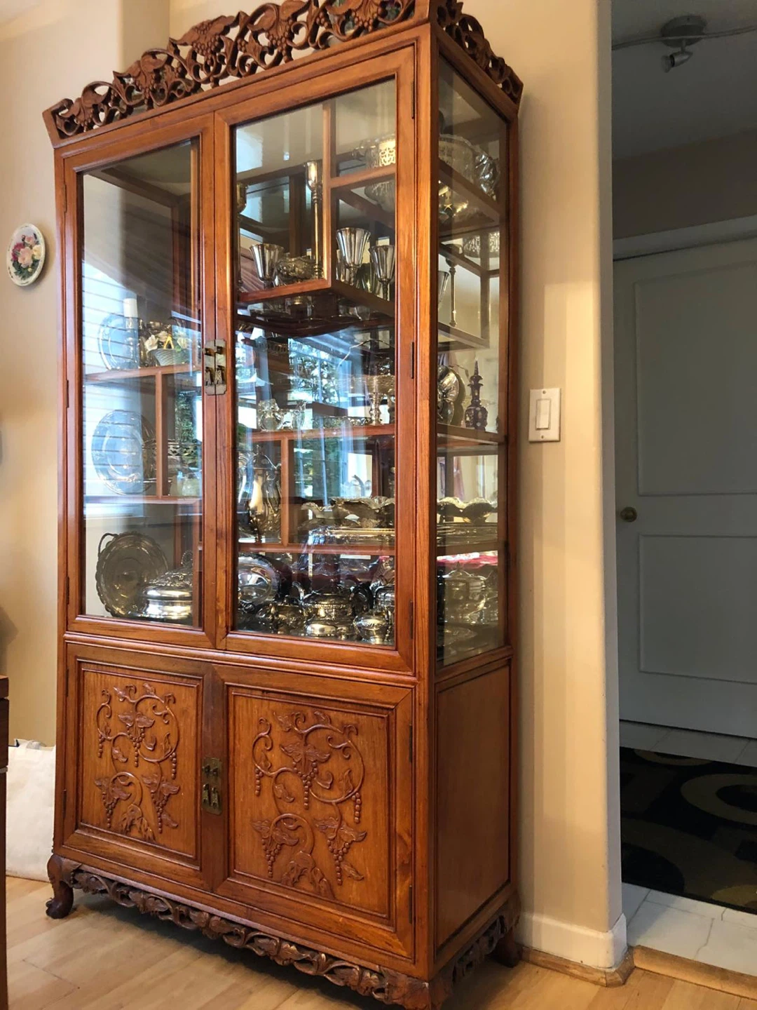 Antique Carved Red Rose Wooden Curio Display Cabinet - photo 2