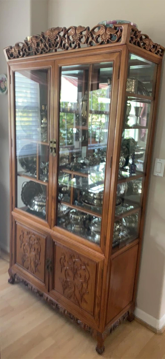 Antique Carved Red Rose Wooden Curio Display Cabinet - photo 3