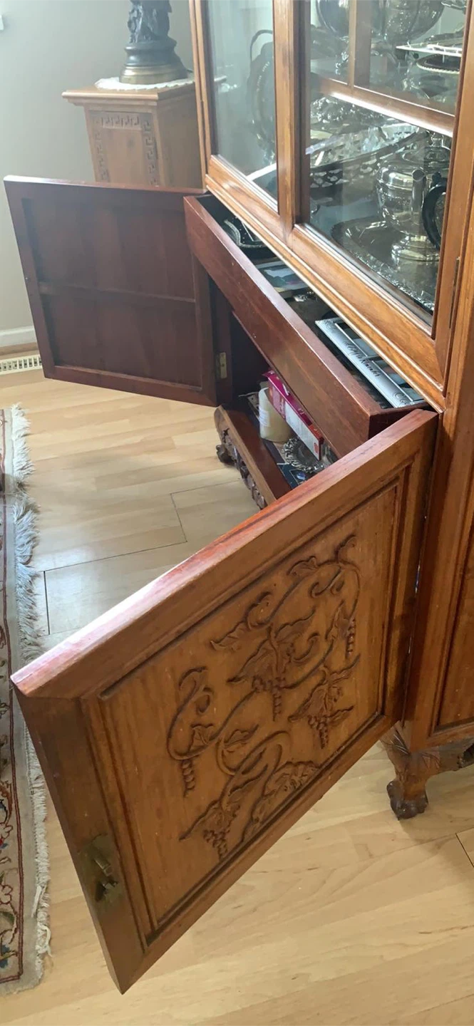 Antique Carved Red Rose Wooden Curio Display Cabinet - photo 4