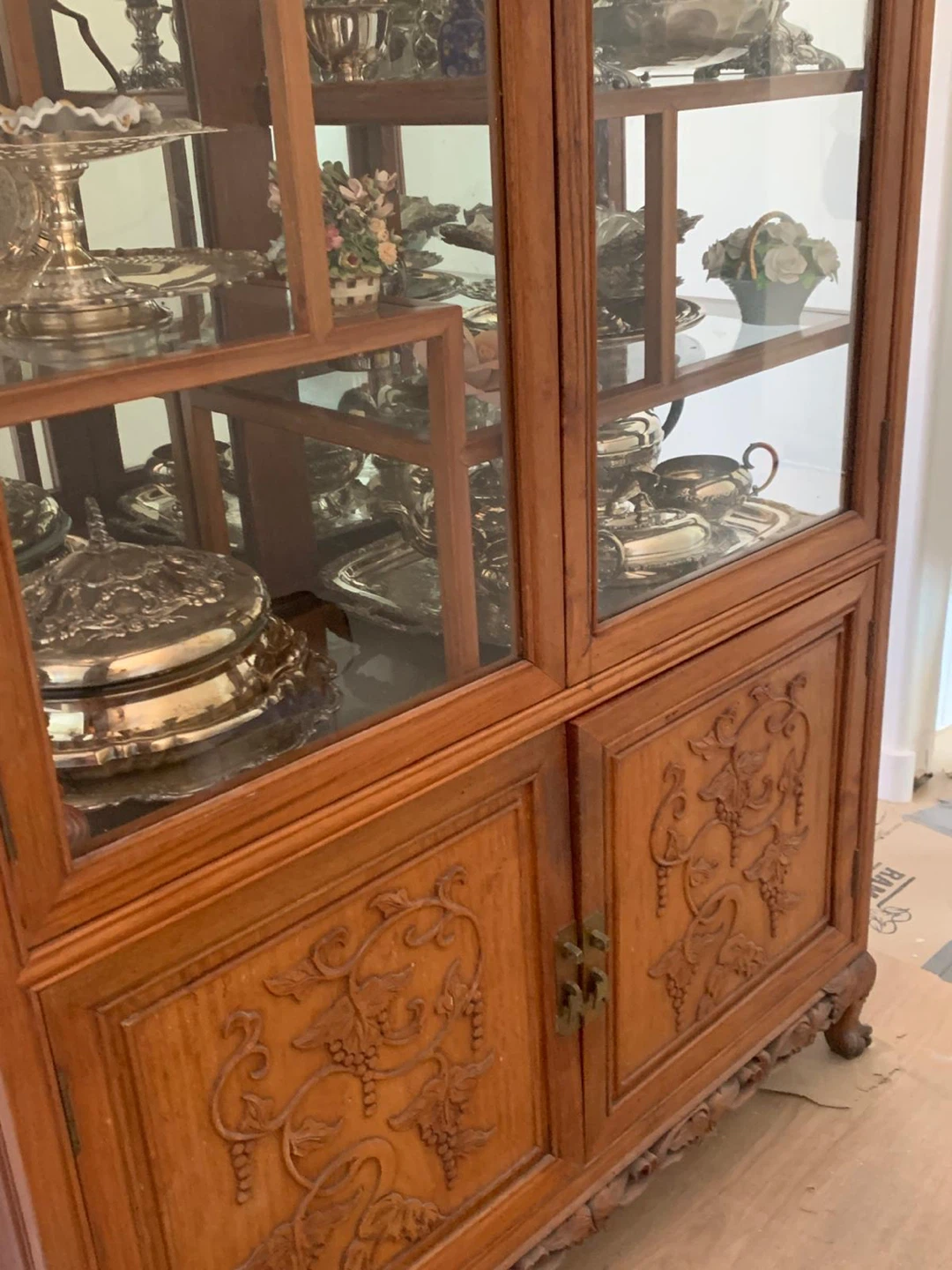 Antique Carved Red Rose Wooden Curio Display Cabinet - photo 5