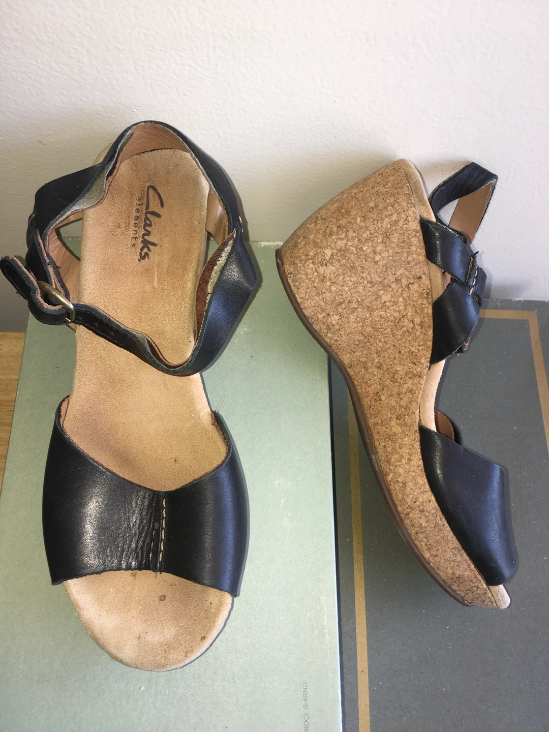 Clarks Black Leather Wedge Sandals - Size 7