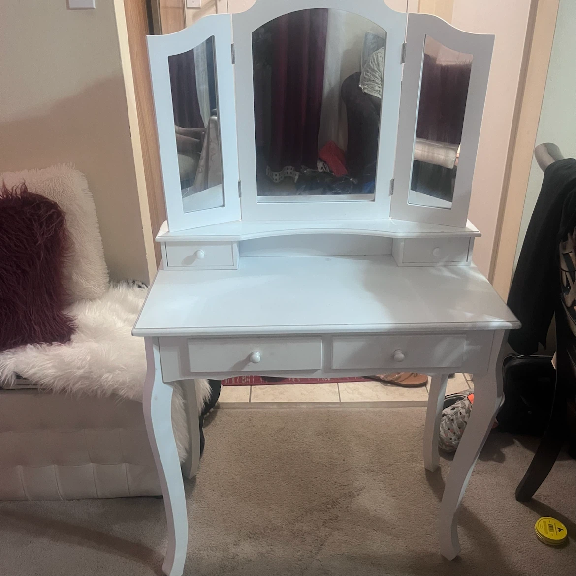 White Tri-Fold Vanity Makeup Desk with Drawers