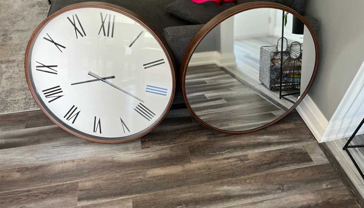 Large Round Wall Clock with Roman Numerals and Matching Mirror