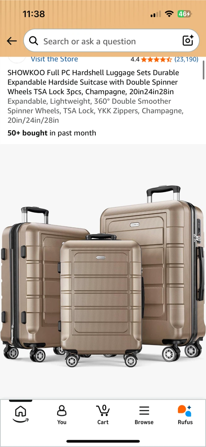 SHOWKOO Full PC Hardshell Luggage Set 3pcs Champagne