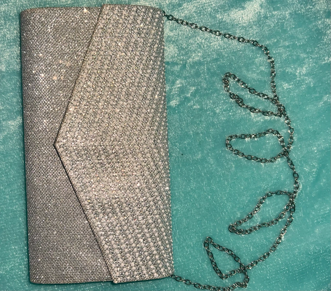 Sparkly Silver Clutch Evening Bag with Chain Strap
