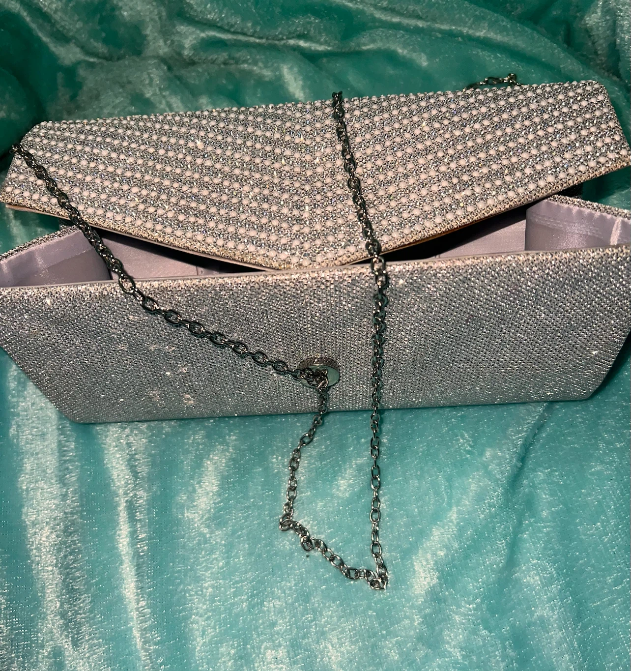 Sparkly Silver Clutch Evening Bag with Chain Strap - photo 3
