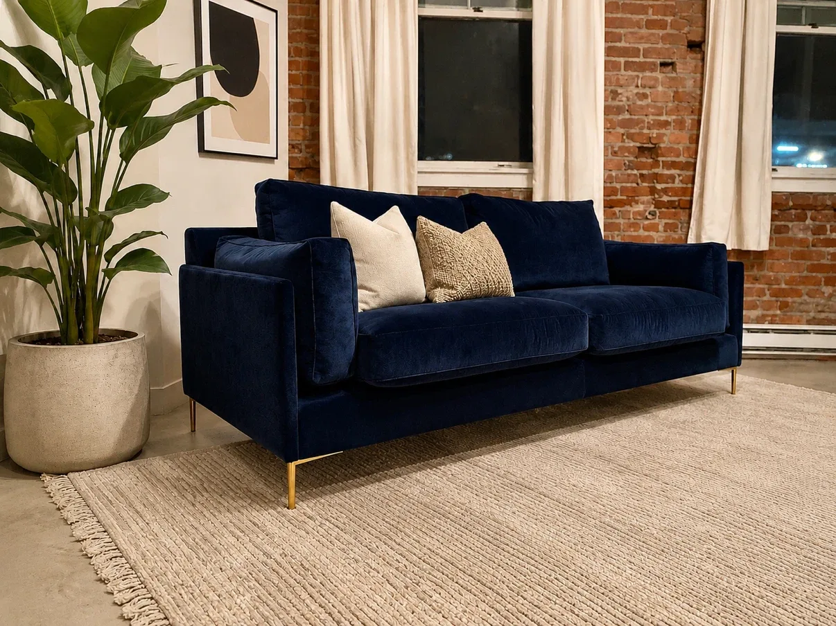 Navy Blue Velvet Sofa with Gold Legs