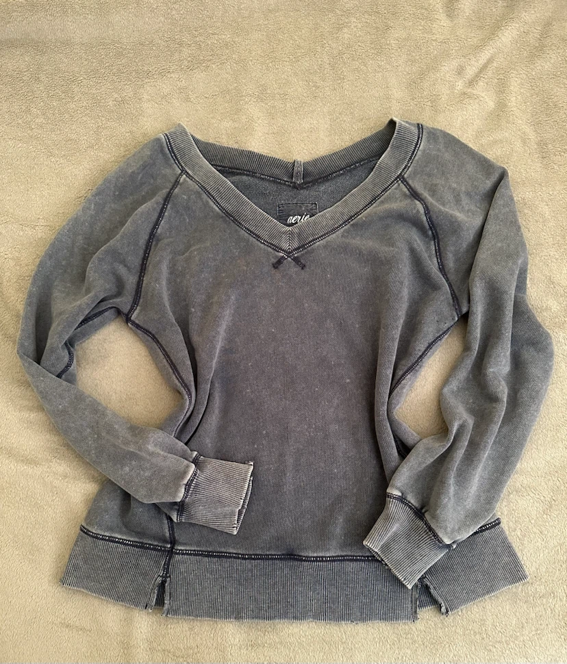 Aerie Bluish Gray Off the Shoulder V-neck Sweater