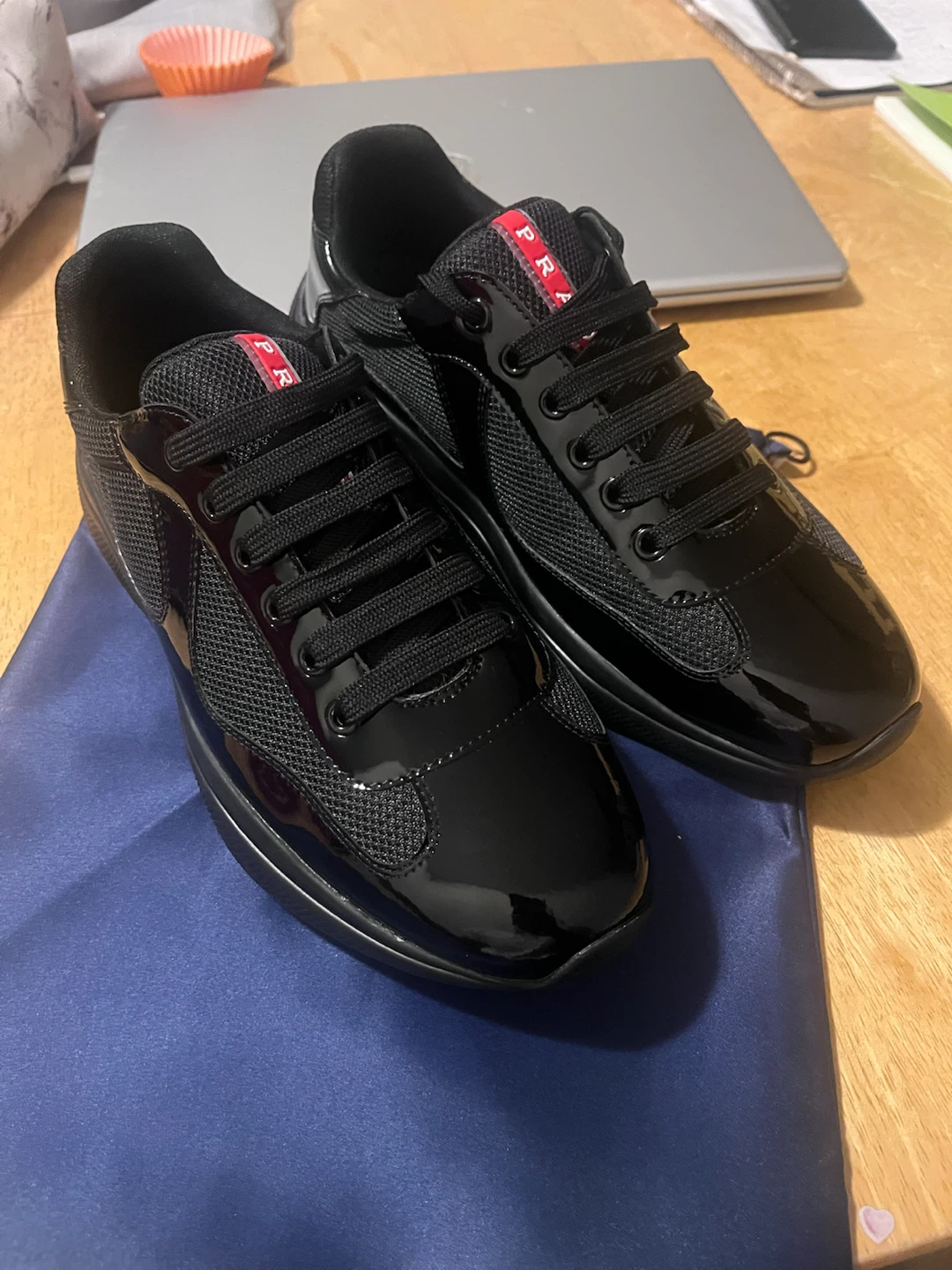 Prada Black Patent Leather & Mesh Sneakers