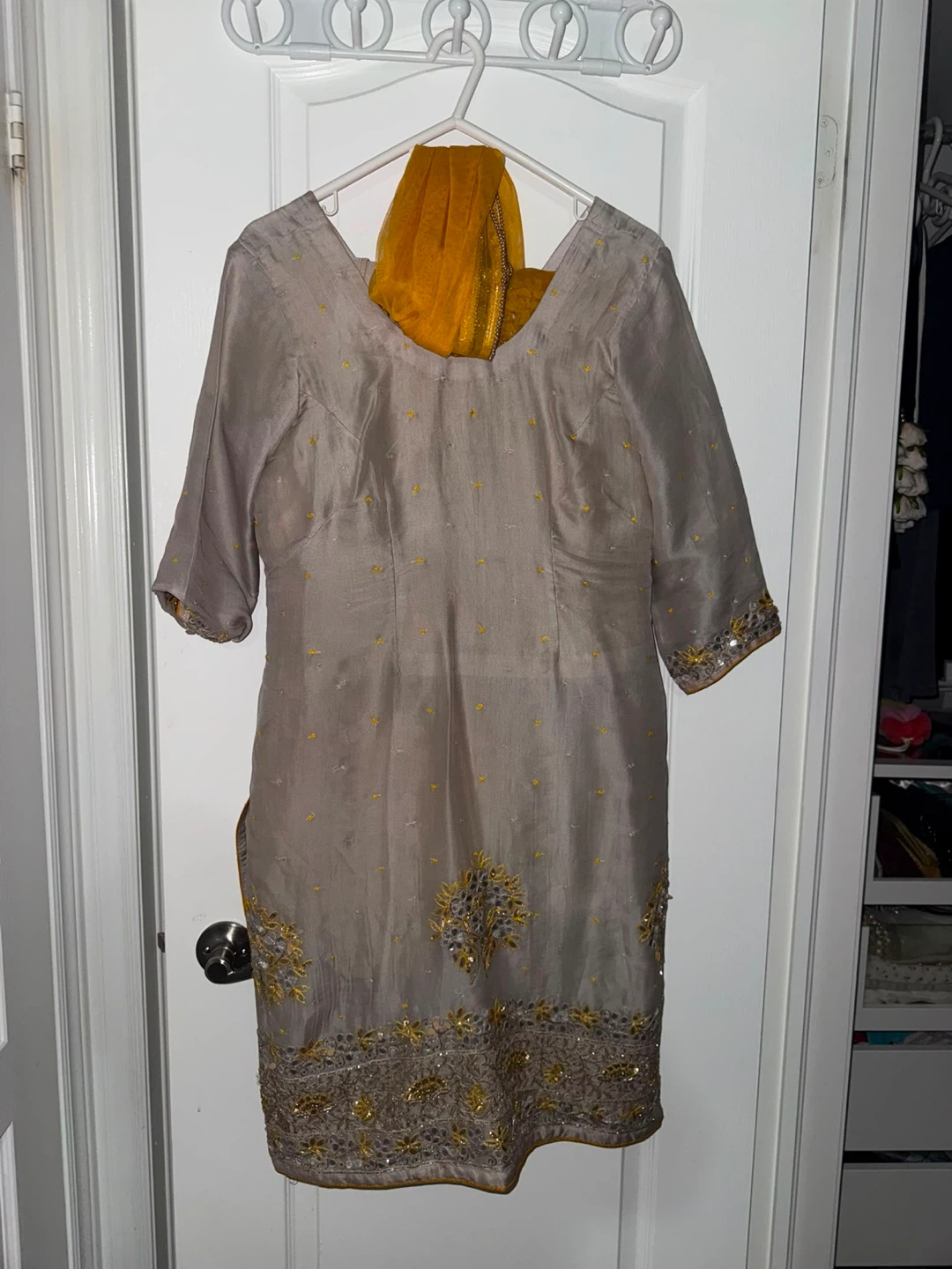 Grey and Gold Embroidered Kurti with Dupatta