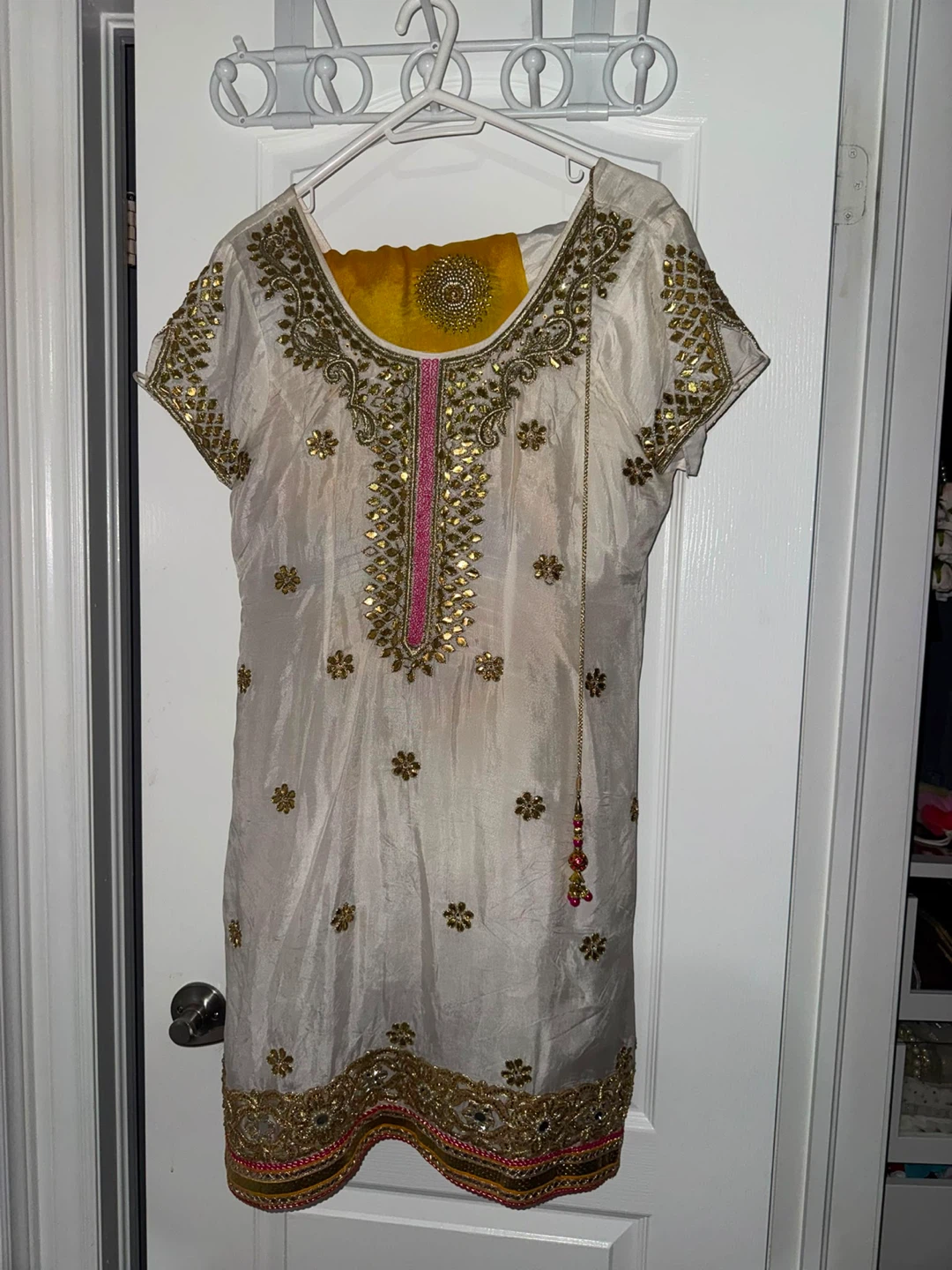 White, pink and yellow Punjabi suit with Kundan embroidery