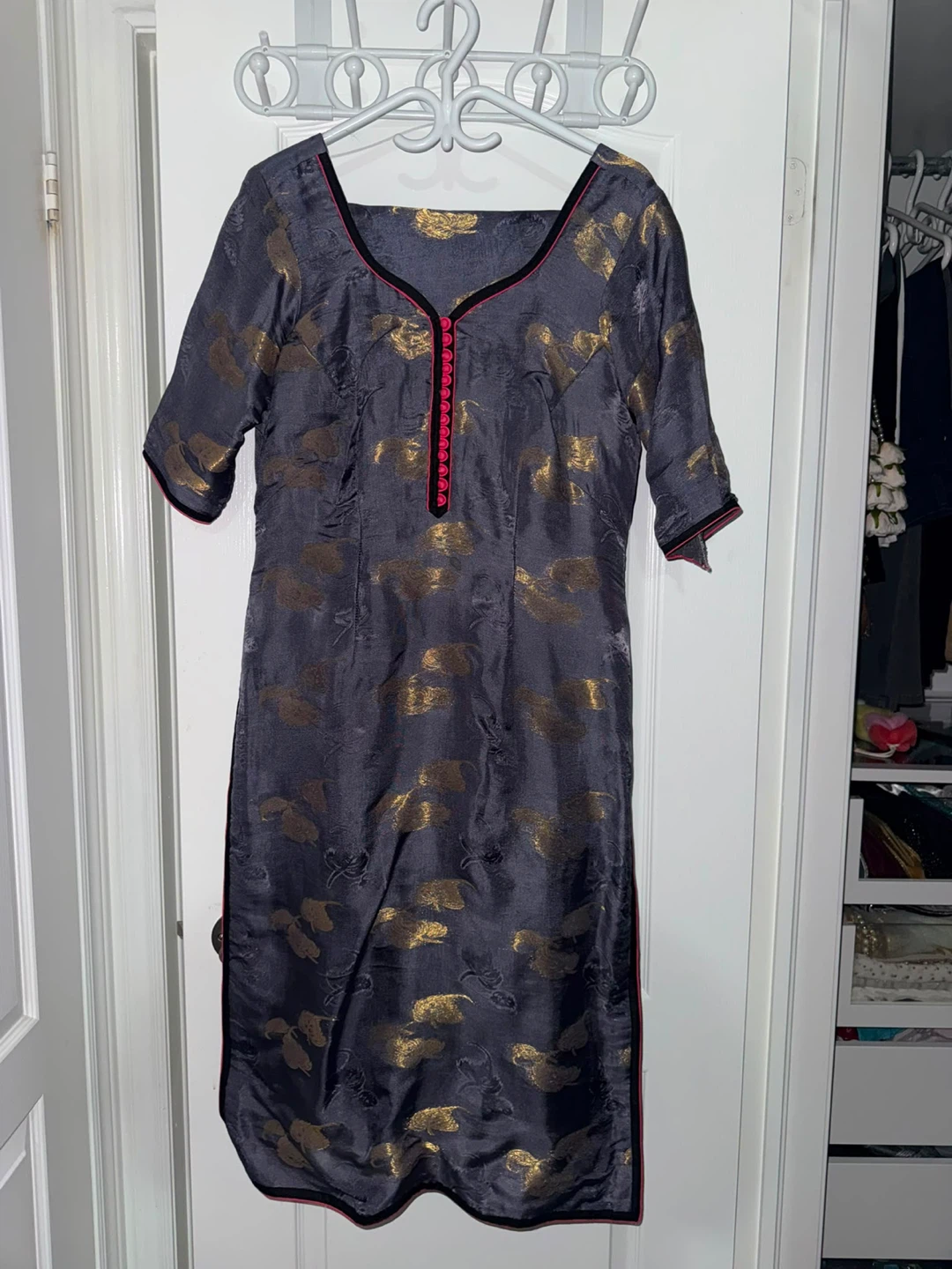 Grey and Gold Patterned Punjabi suit Top