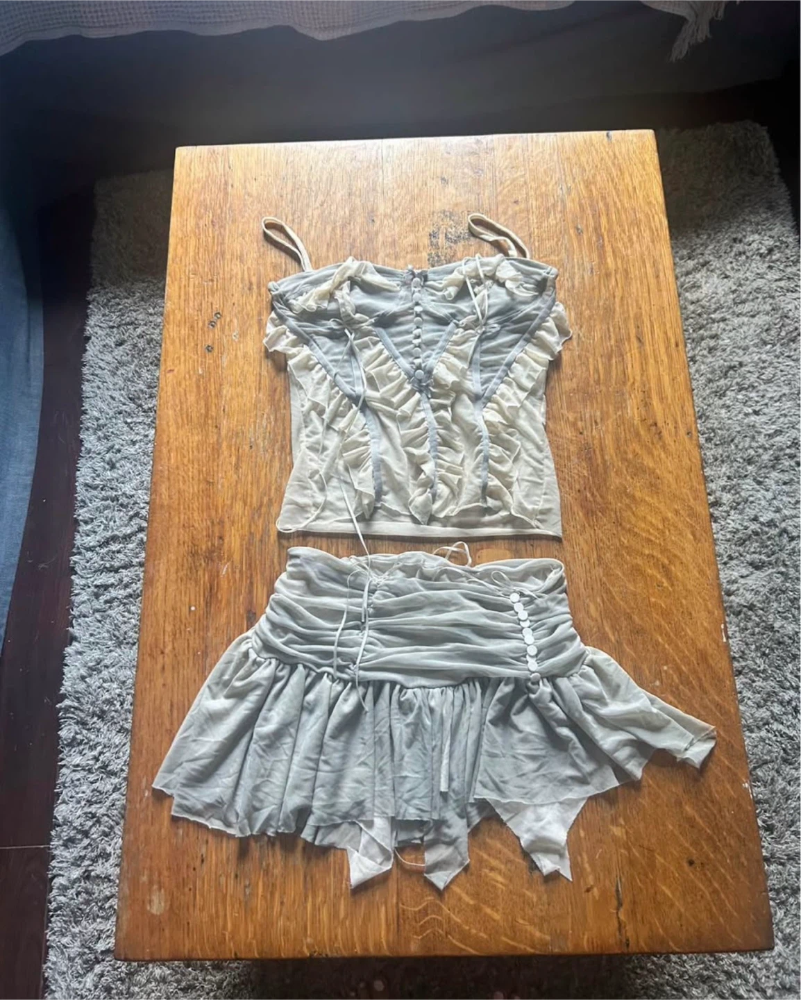Ruched Mesh Corset Top and Mini Skirt Set - photo 2