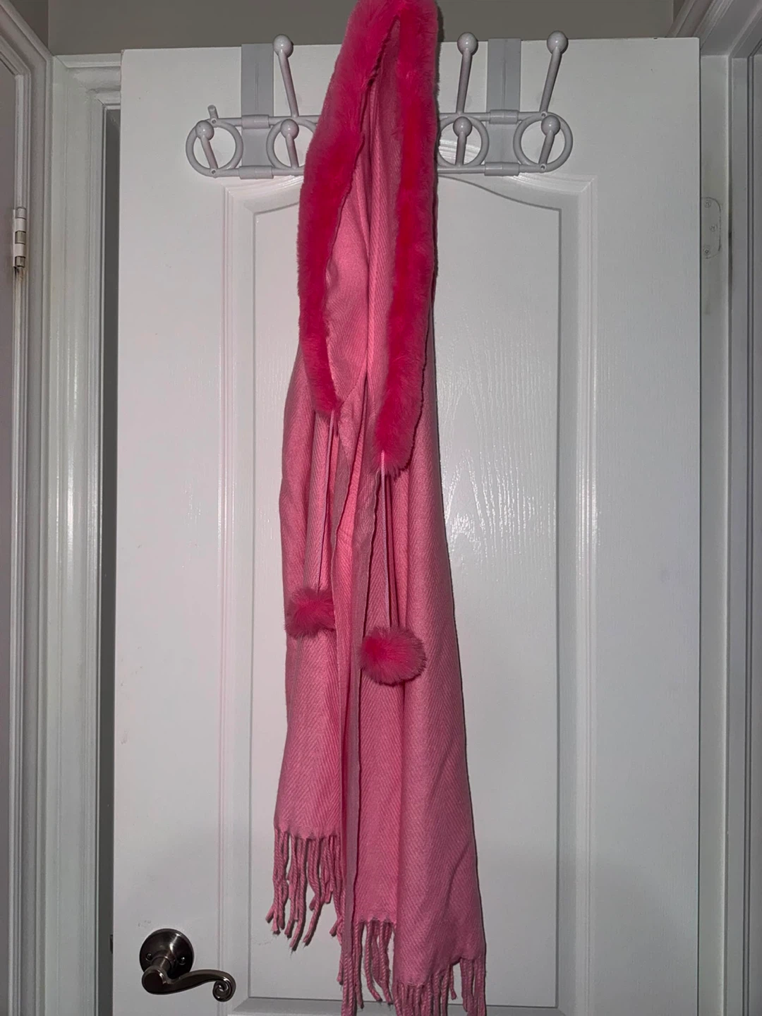Pink Scarf with Faux Fur Trim and Pom Poms