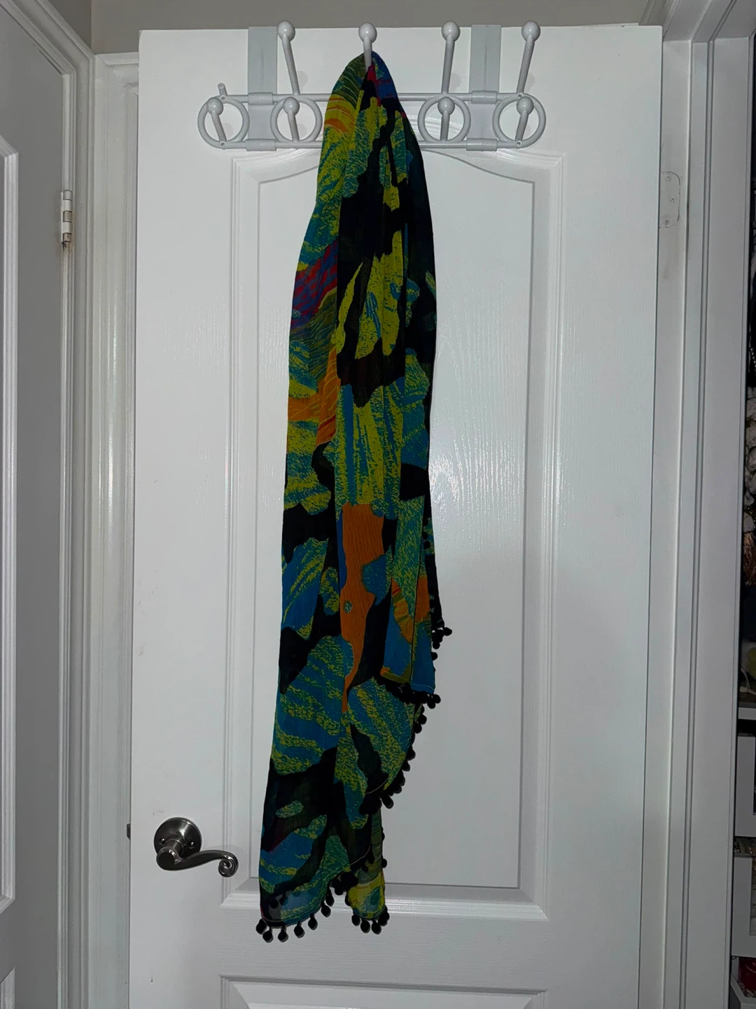 Vibrant Print Scarf with Pom Pom Trim