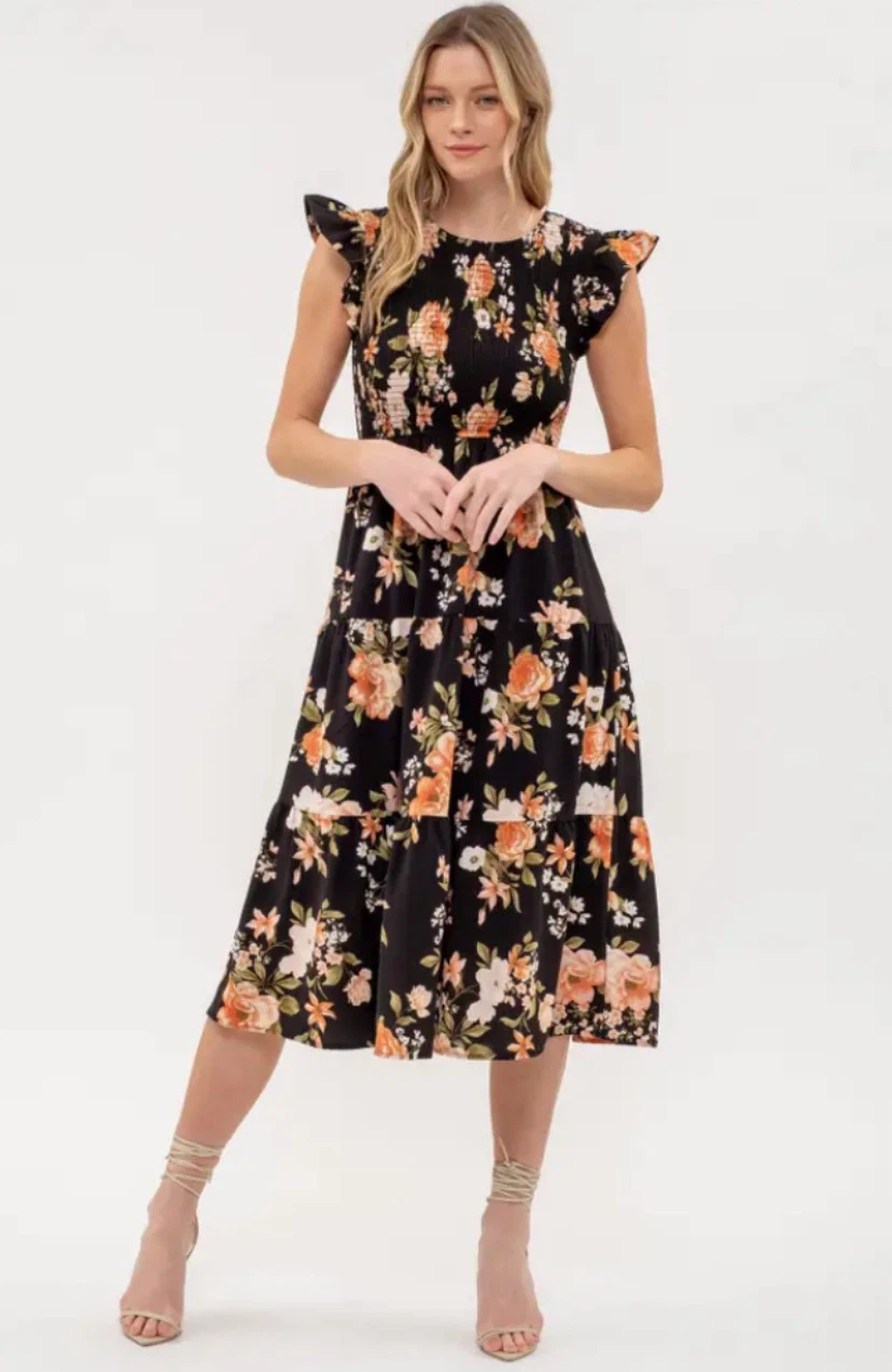Black Floral Tiered Midi Dress