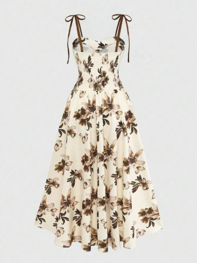 Floral Smocked Midi Dress with Tie Straps