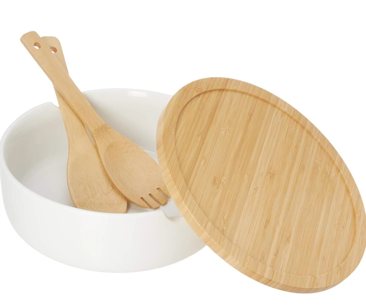 White Ceramic Bowl with Bamboo Salad Servers and Lid