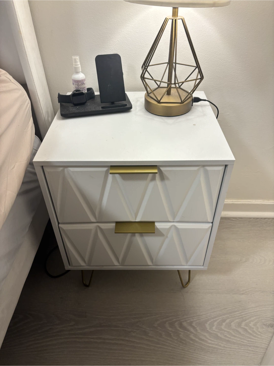 White Nightstand with Gold Accents and dresser