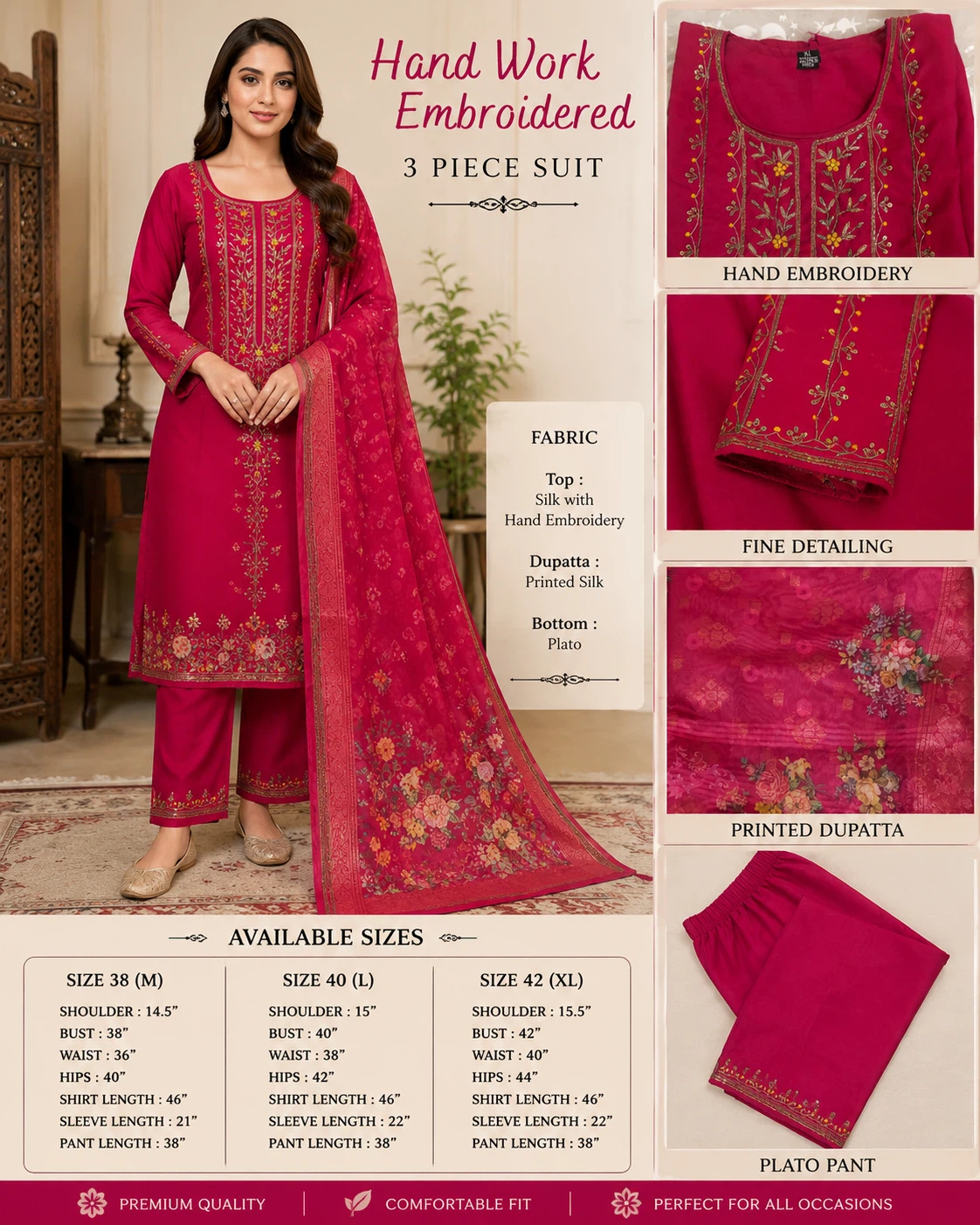 3 Piece Suit - Silk Fabric with Mirror Embroidery - photo 3