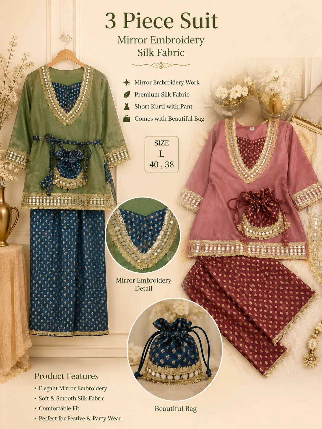 3 Piece Suit - Silk Fabric with Mirror Embroidery - photo 4