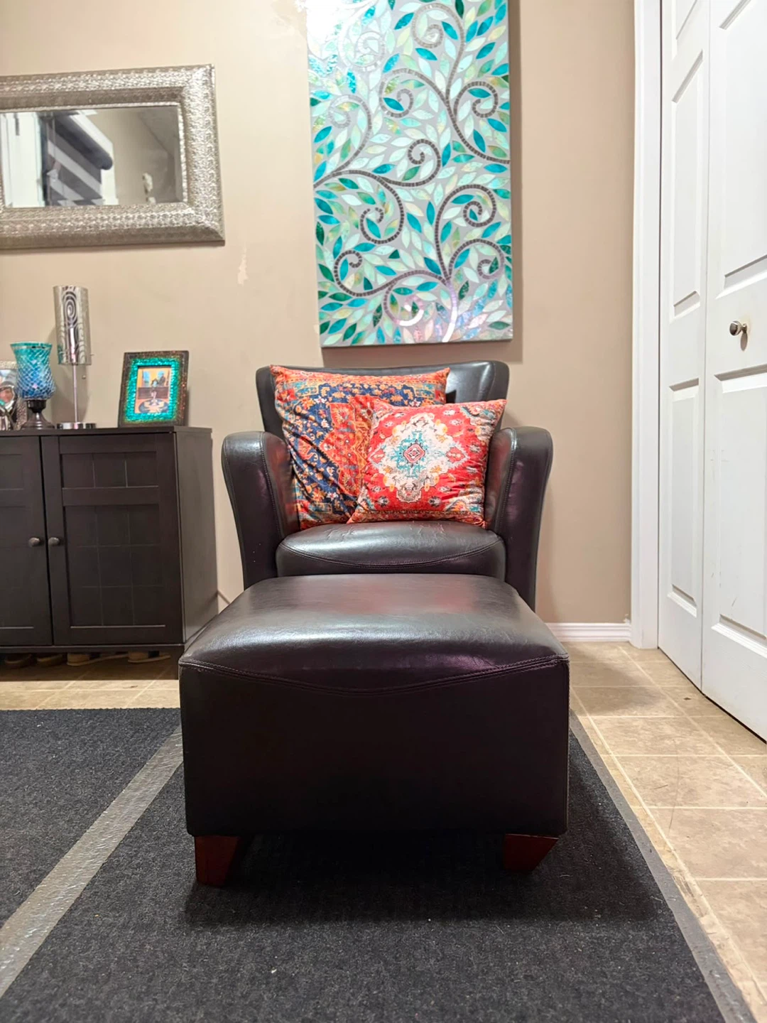 Dark Brown Leather Accent Chair with Ottoman - photo 3