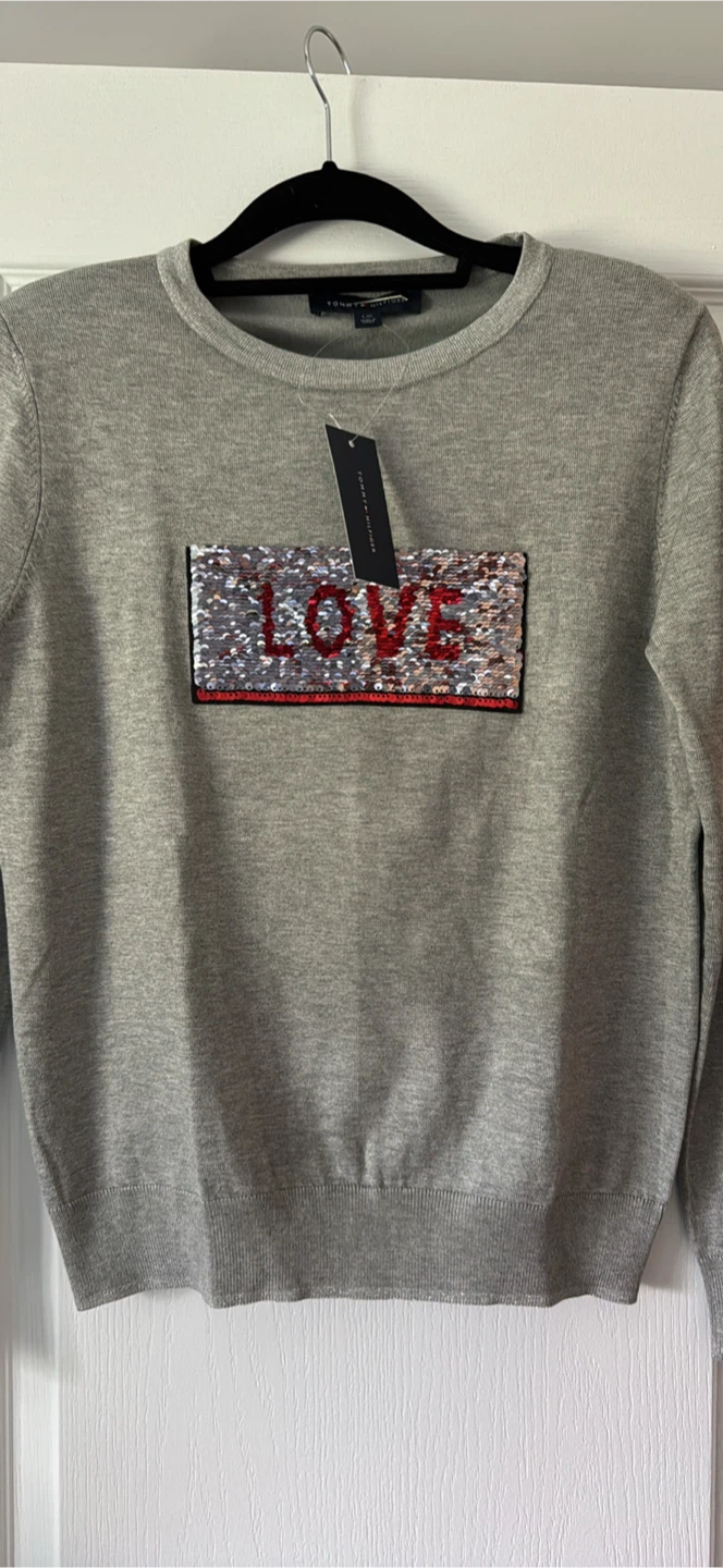 Tommy Hilfiger Grey Sweater with Sequin "LOVE" - Size L