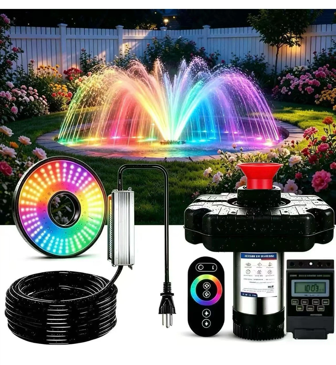 Upgraded Pond Fountain Pump with LED Light Kit