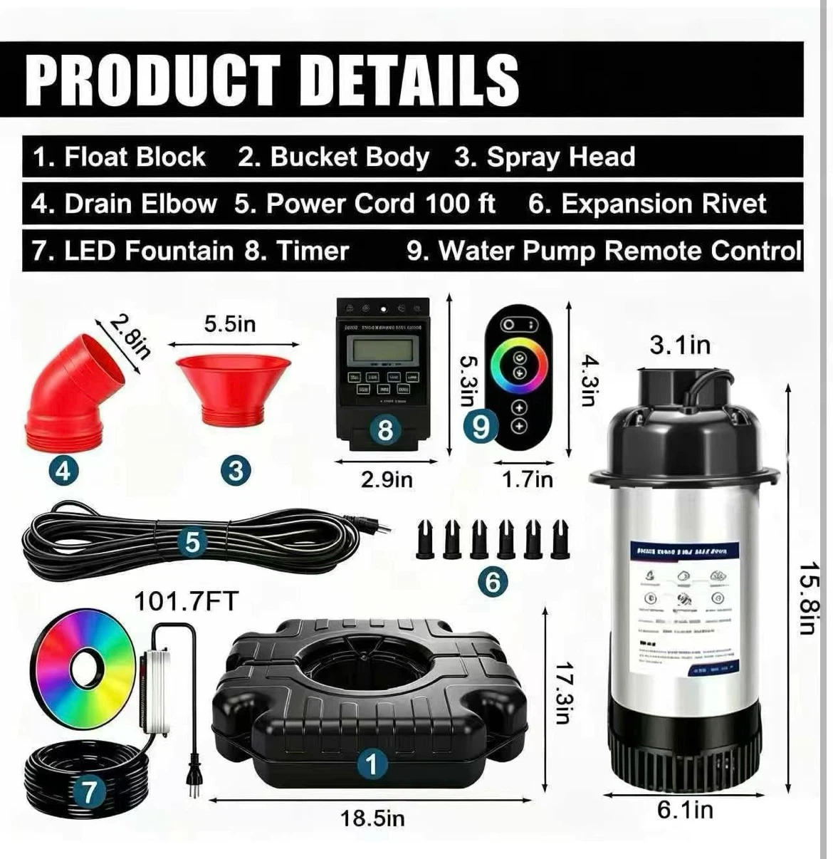 Upgraded Pond Fountain Pump with LED Light Kit - photo 3
