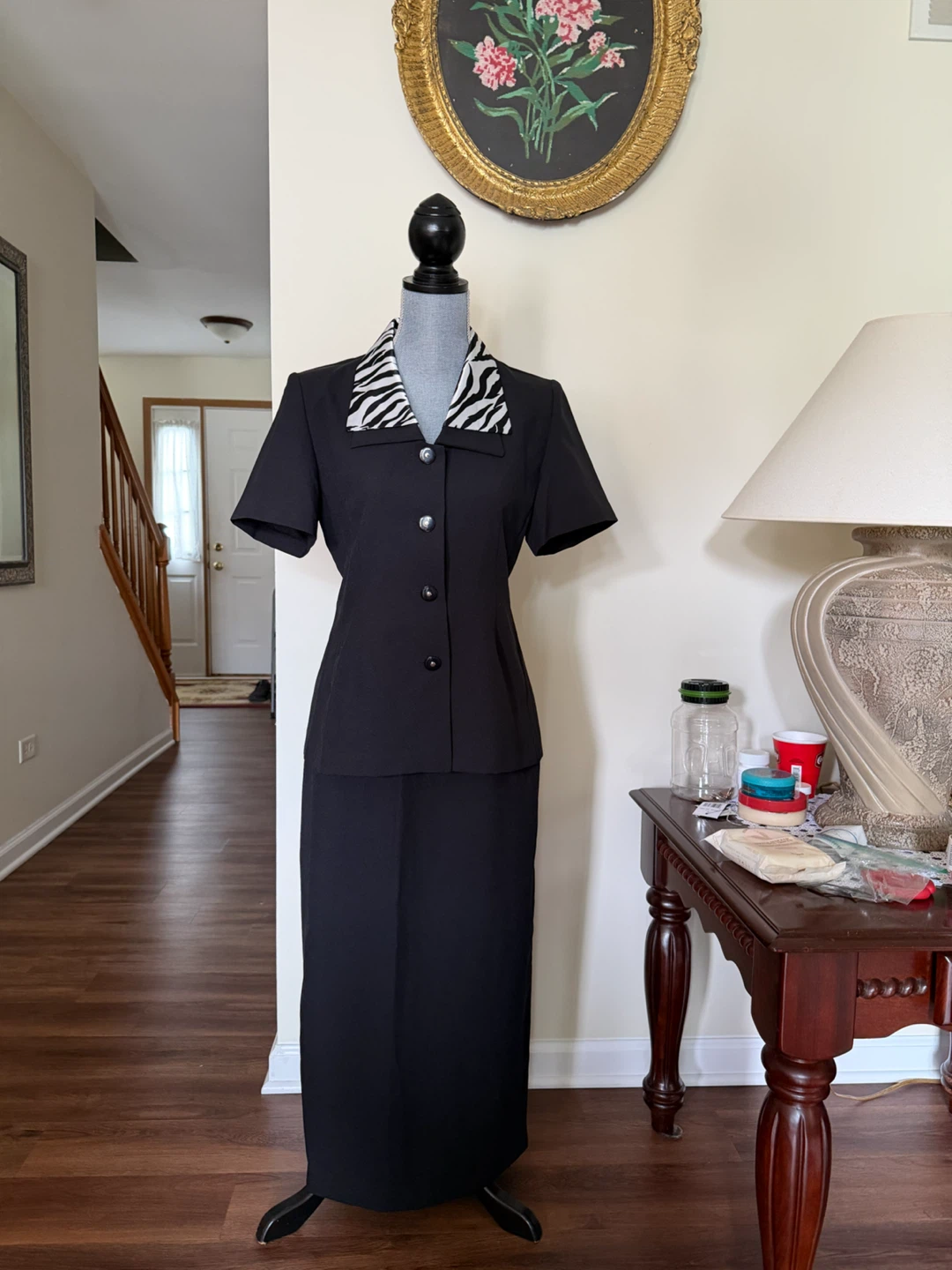 Black Skirt Suit with Zebra Print Collar