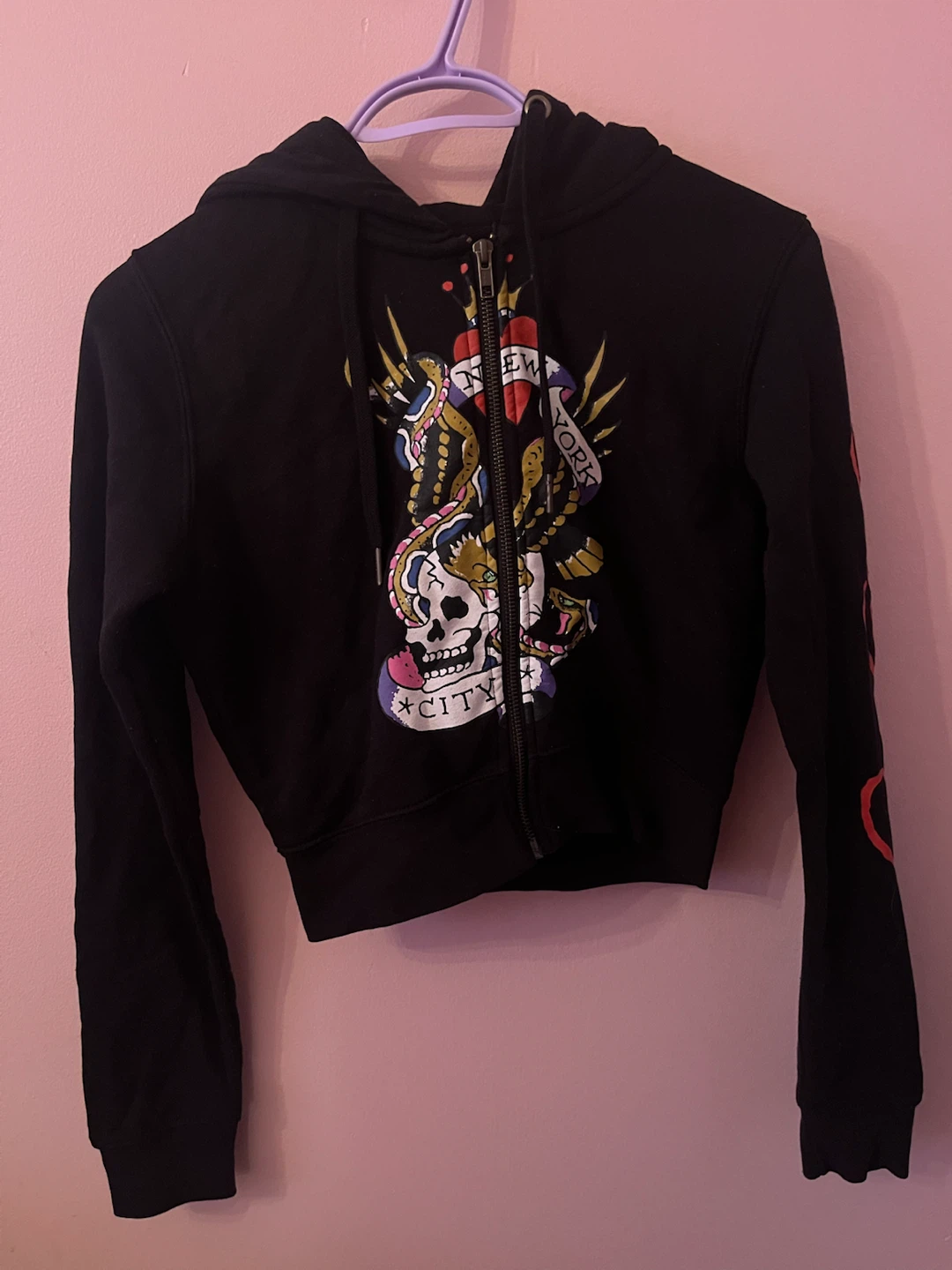 Ed Hardy Black Skull & Snake Cropped Zip-Up Hoodie