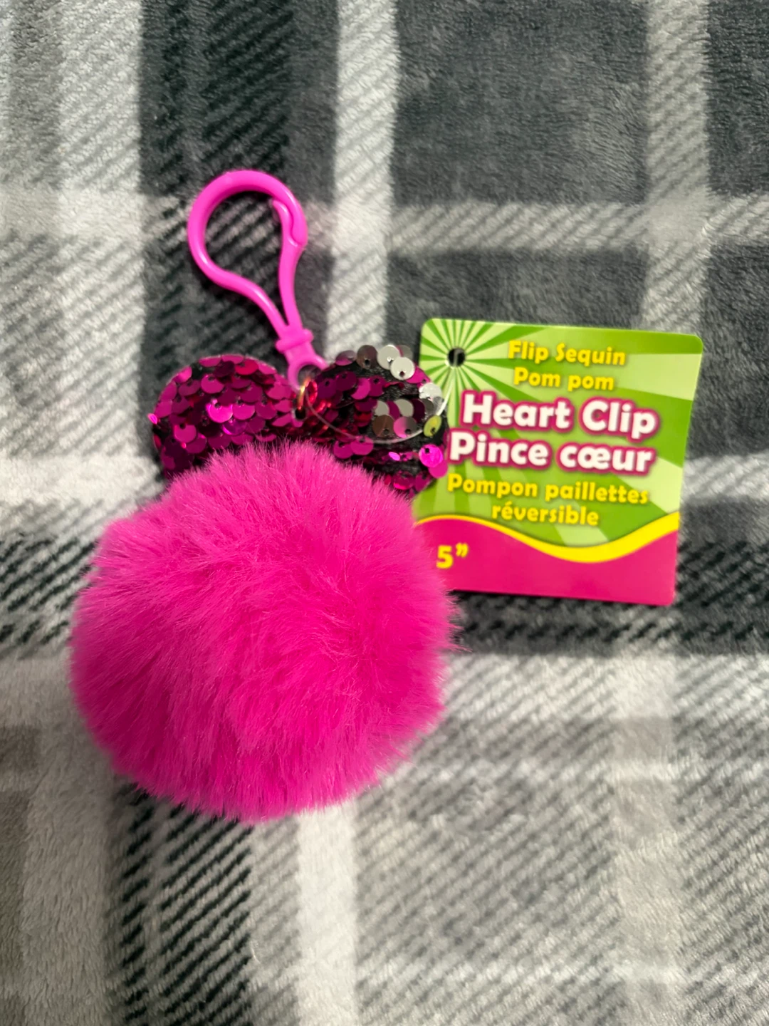 Bright Pink Pom Pom Heart Clip Keychain