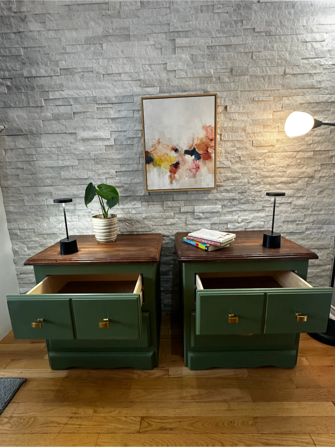 Pair of Green Nightstands with Wooden Tops