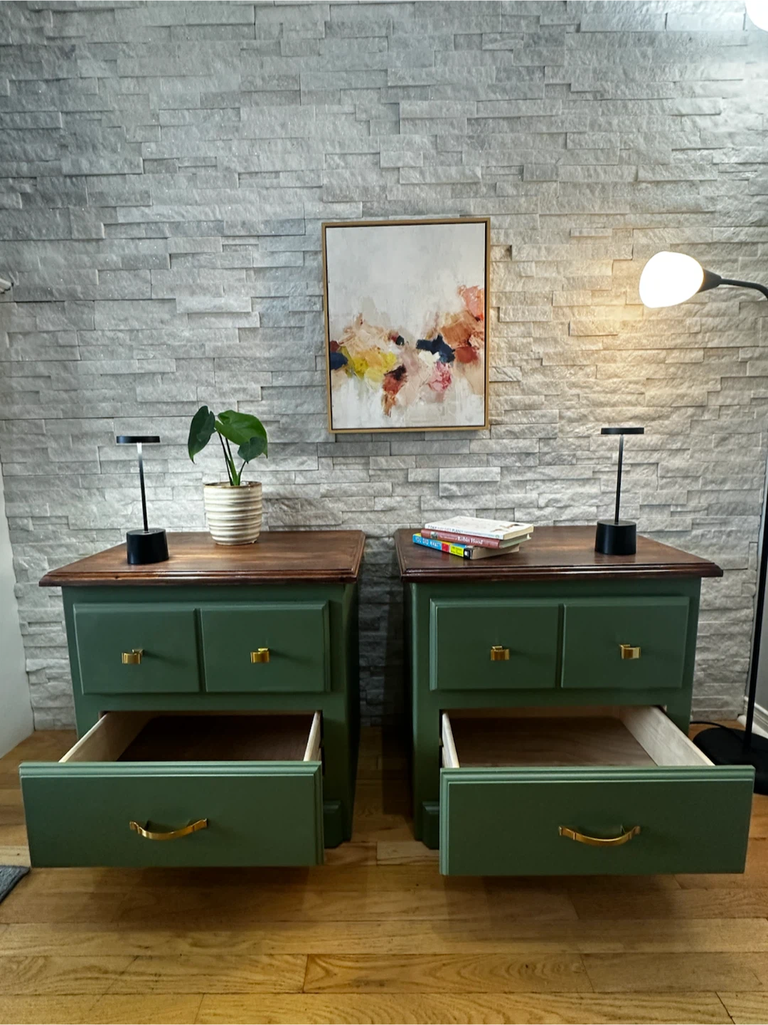 Pair of Green Nightstands with Wooden Tops - photo 4
