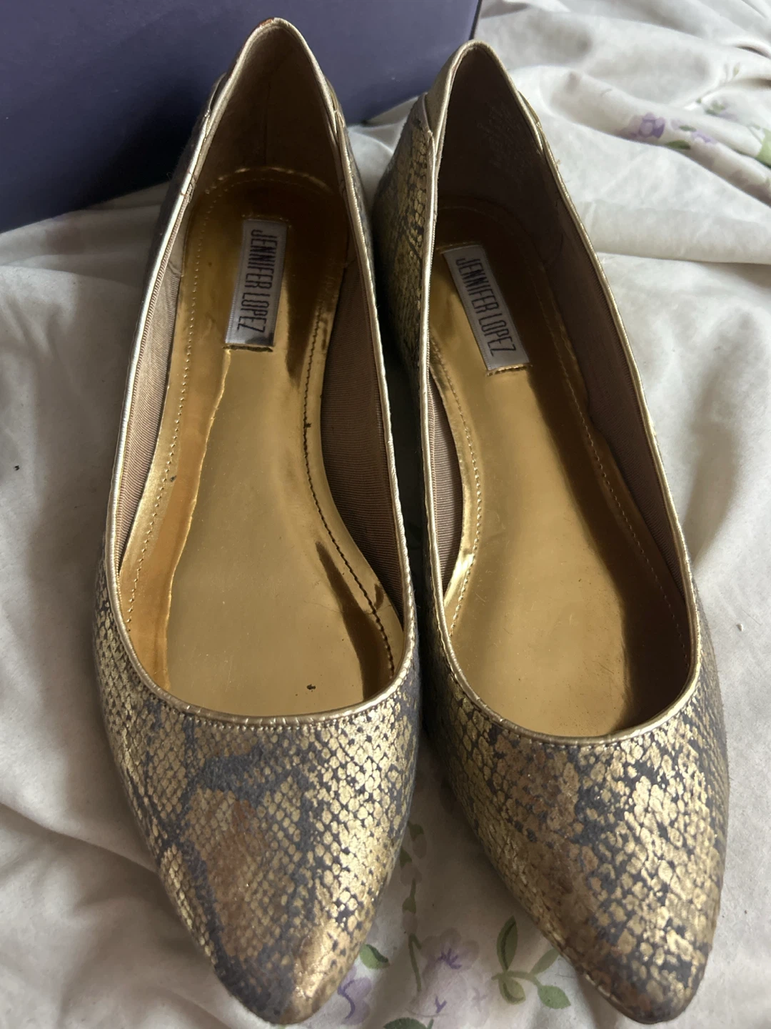 Jennifer Lopez Gold Snake Print Ballet Flats