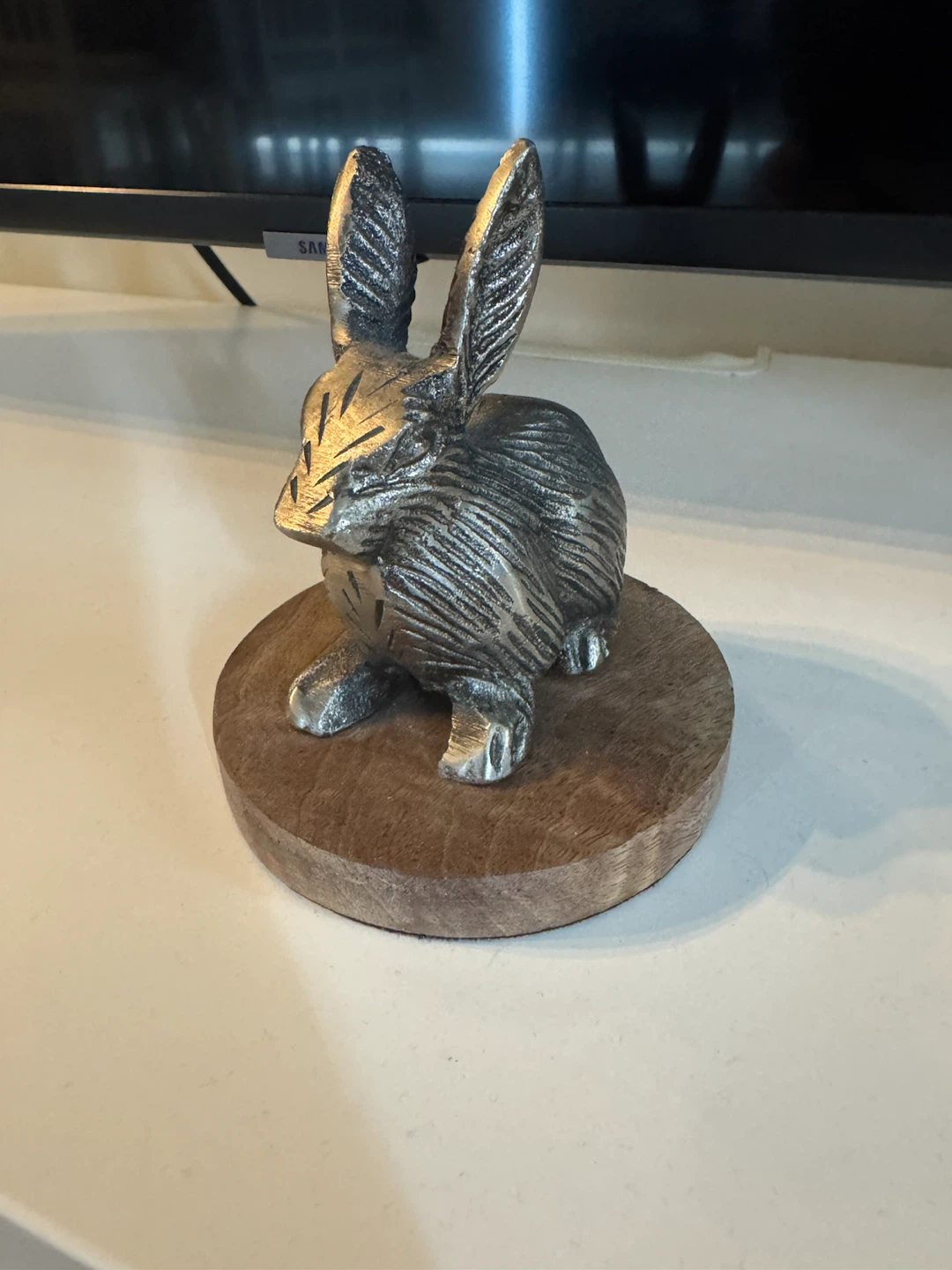 Metal Bunny Figurine on Wood Base