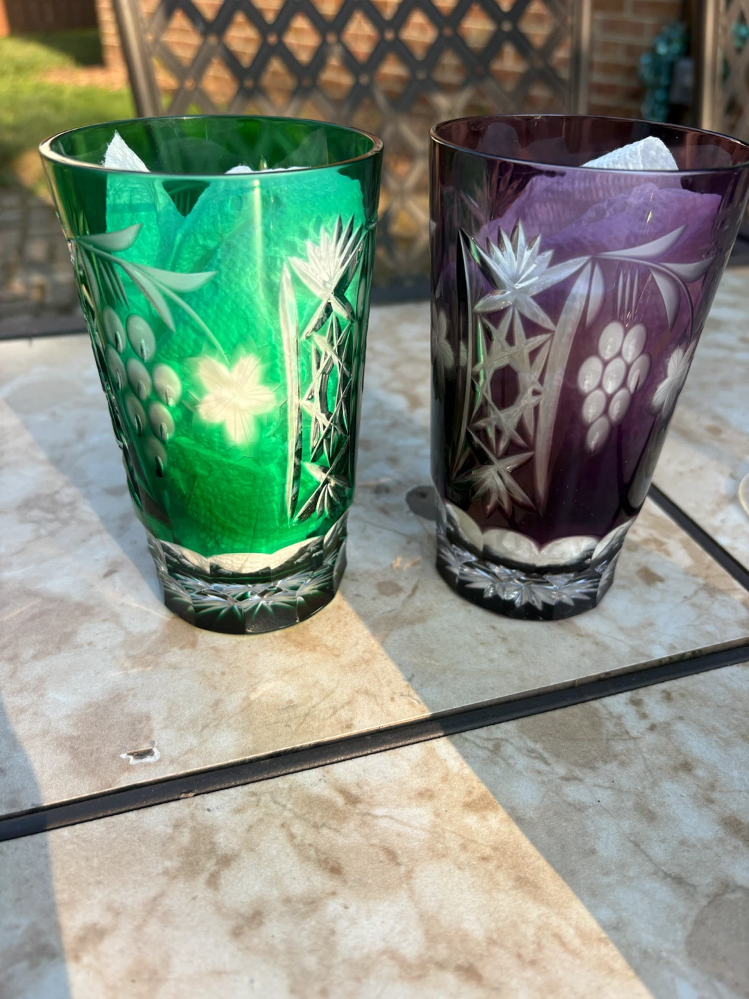 Set of 2 Cut Crystal Colored Glass Tumblers