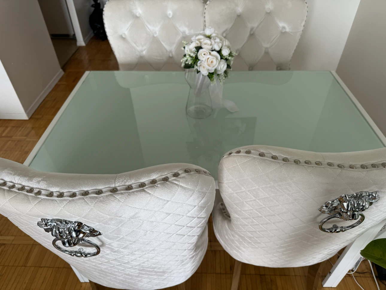 Pair of Cream Velvet Dining Chairs with Lion Head Knocker