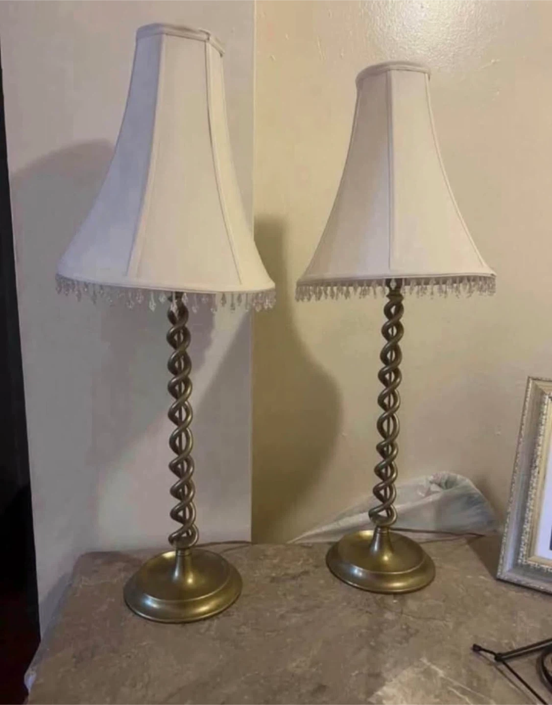 Pair of Vintage Gold Spiral Table Lamps with White Shades