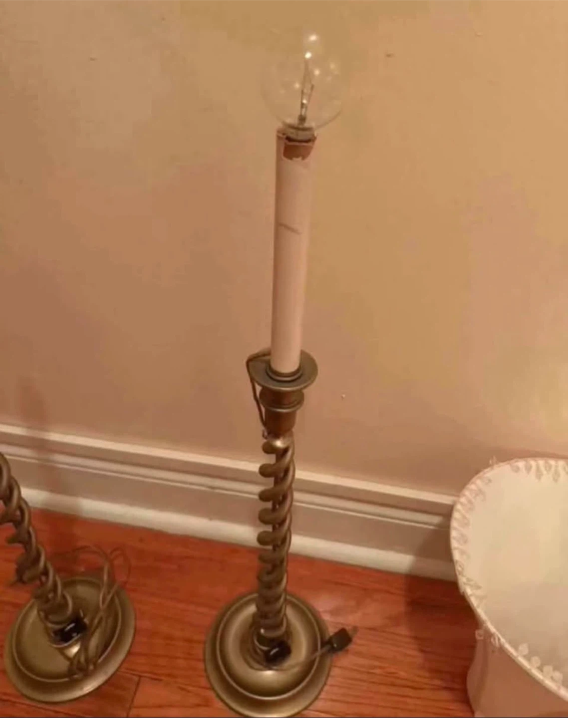Pair of Vintage Gold Spiral Table Lamps with White Shades - photo 2