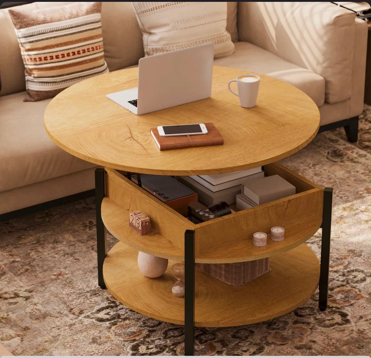 Round Lift-Top Coffee Table with Storage