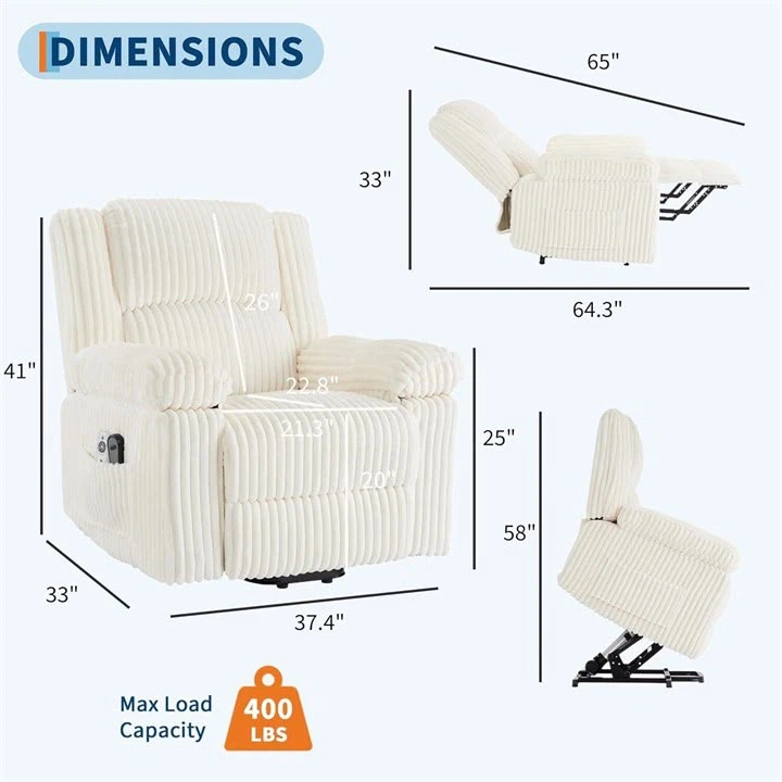 Cream Corduroy Power Lift Recliner with Massage and Heat - photo 2