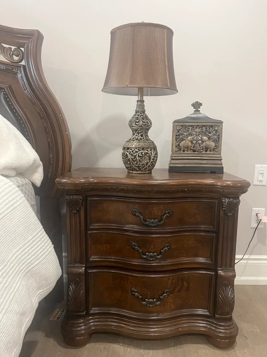 Ornate Wooden Nightstands with 3 Drawers. Set of 2.