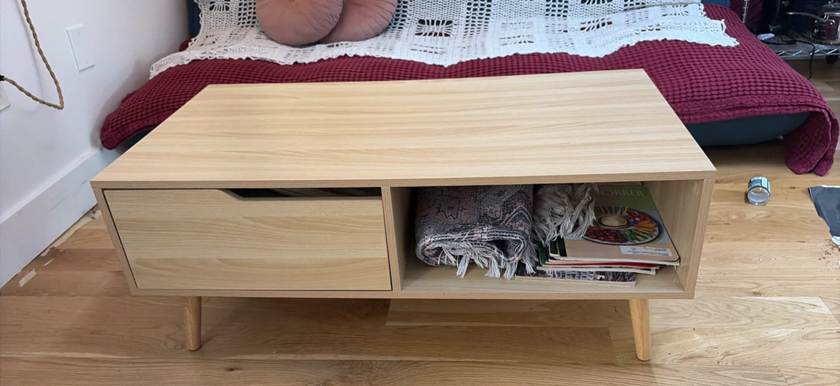 Light Wood Coffee Table with Drawer and Shelf - photo 2