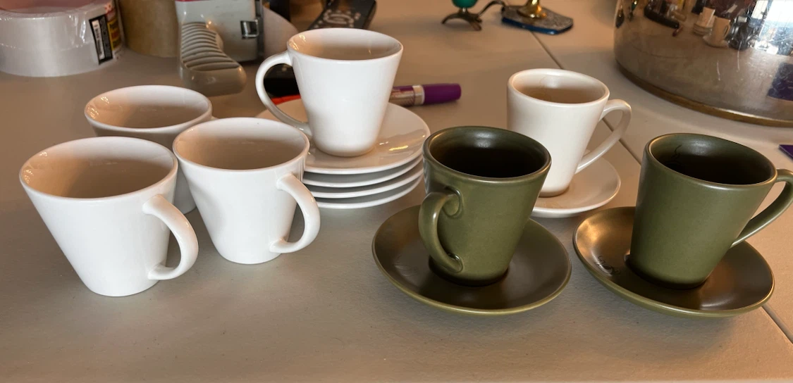7 Espresso Cups and Saucers - White and Green
