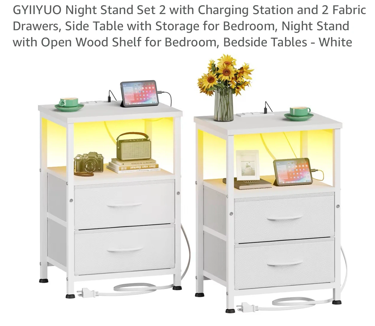 White Night Stand Set with Charging Station NS3
