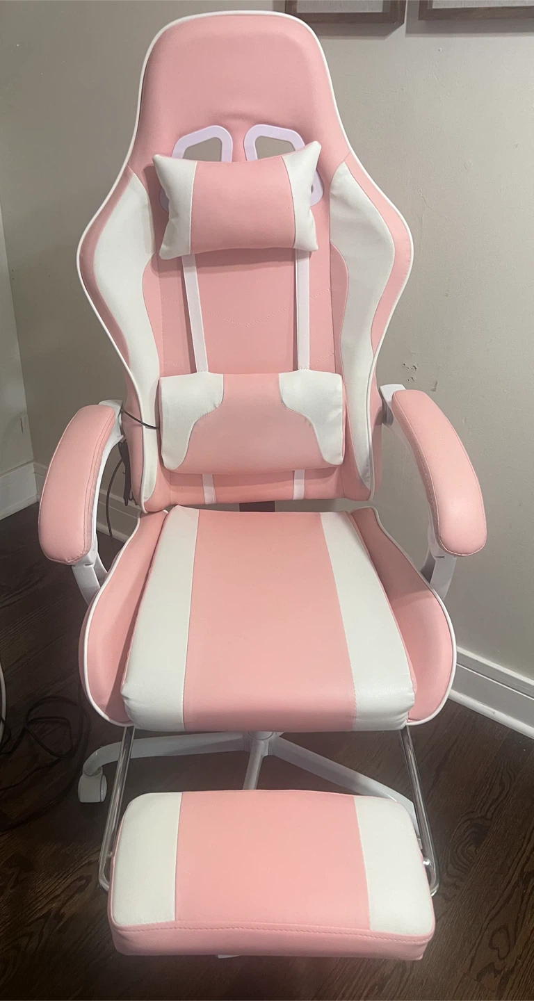 Pink and White Gaming Chair with Footrest